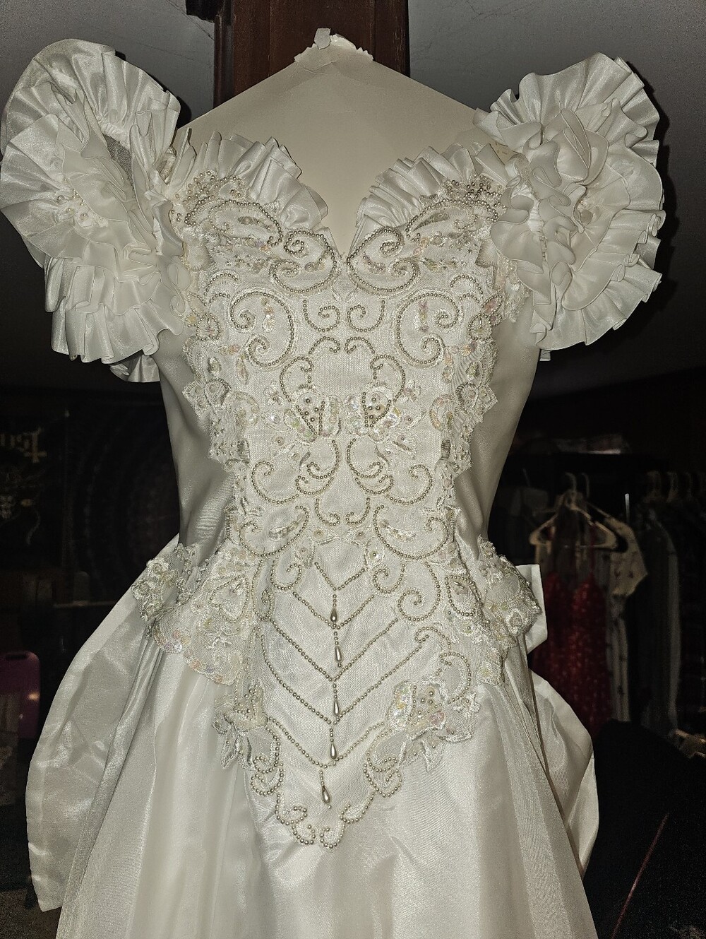 Vintage 1980s 1990s Wedding Gown & Matching Pearl Pouf Veil Set